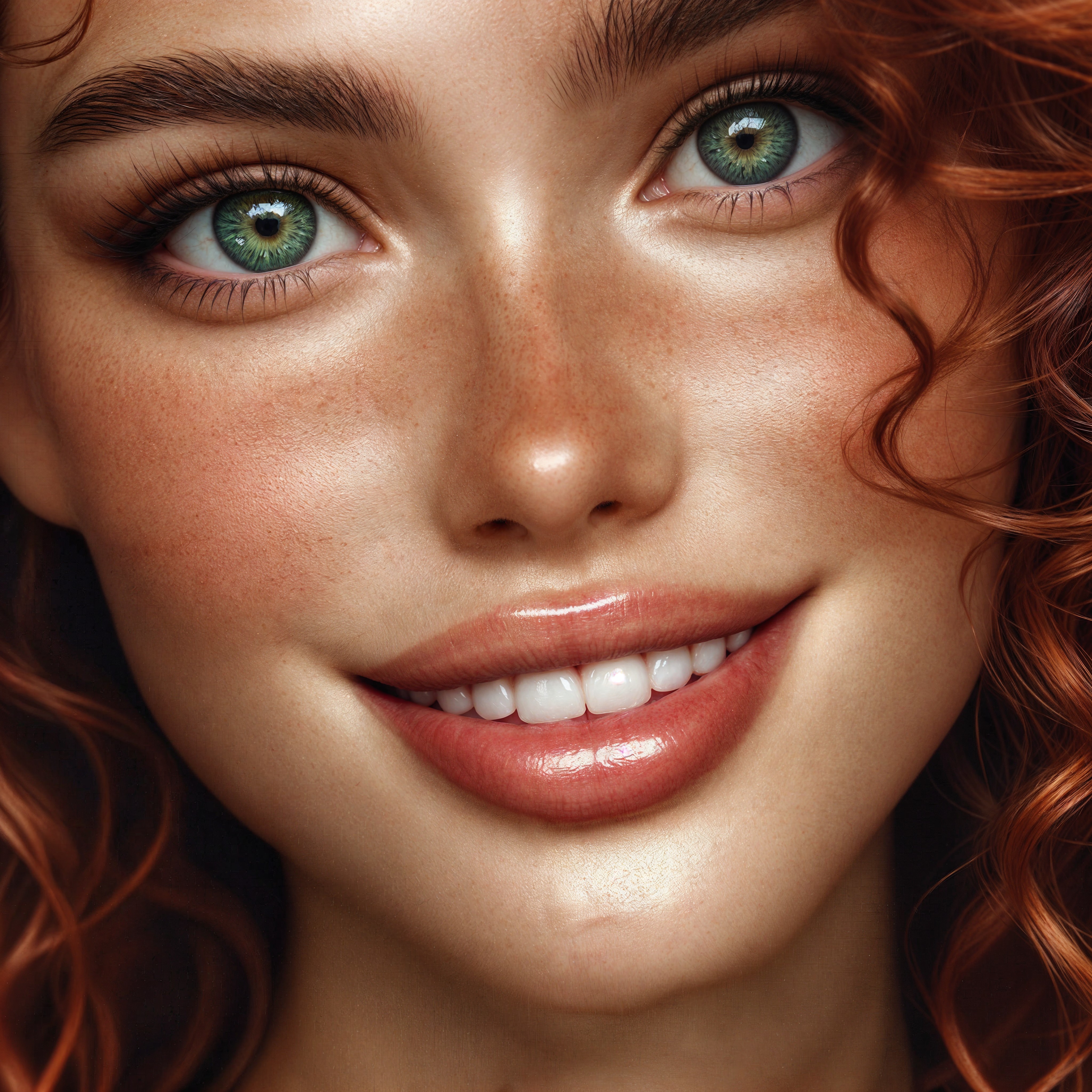 Young woman with red curly hair and green eyes
