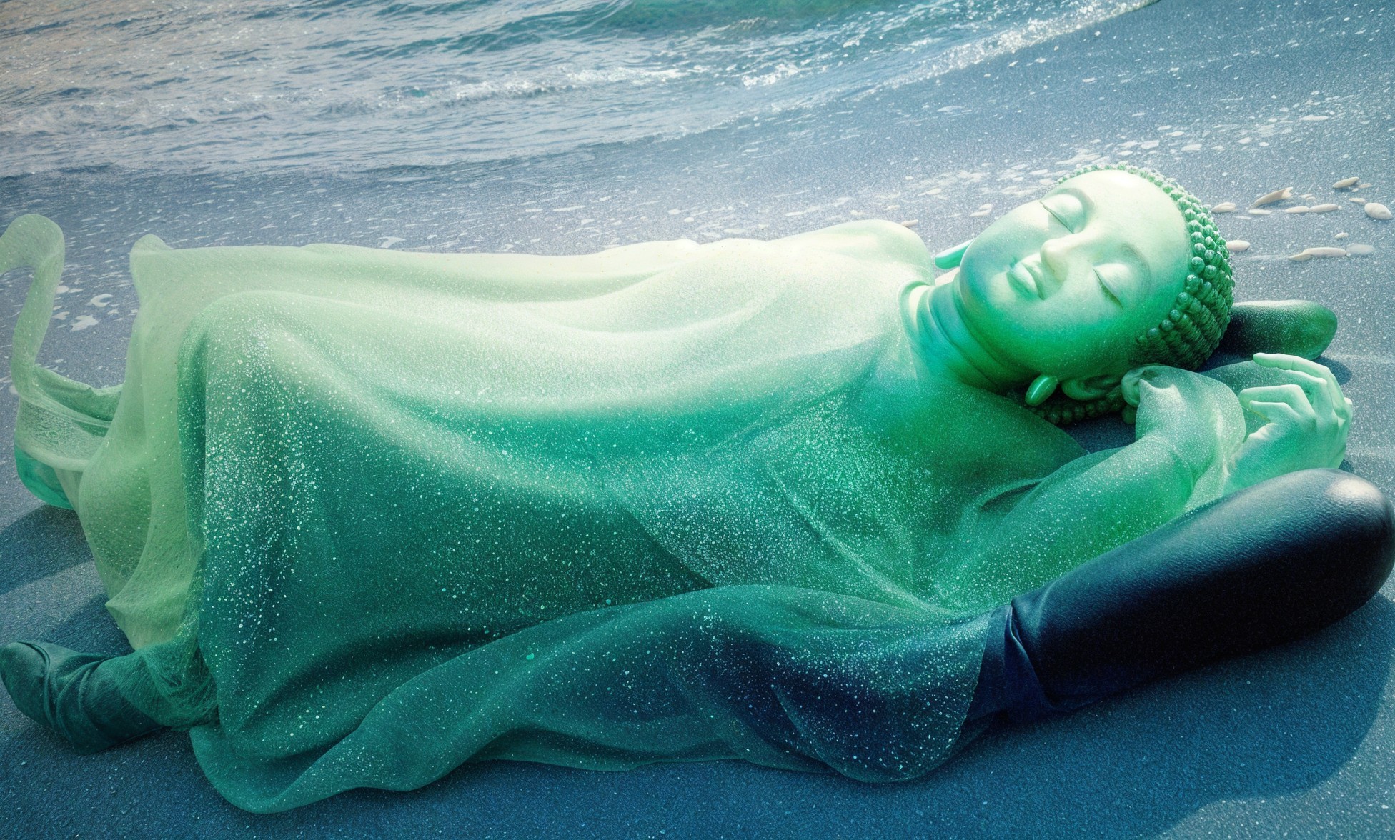 Translucent Green Reclining Buddha Sculpture on Beach