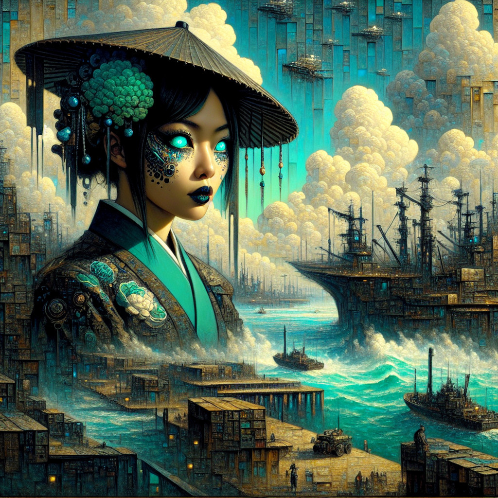 Surreal Futuristic Scene with Woman at Vibrant Harbor