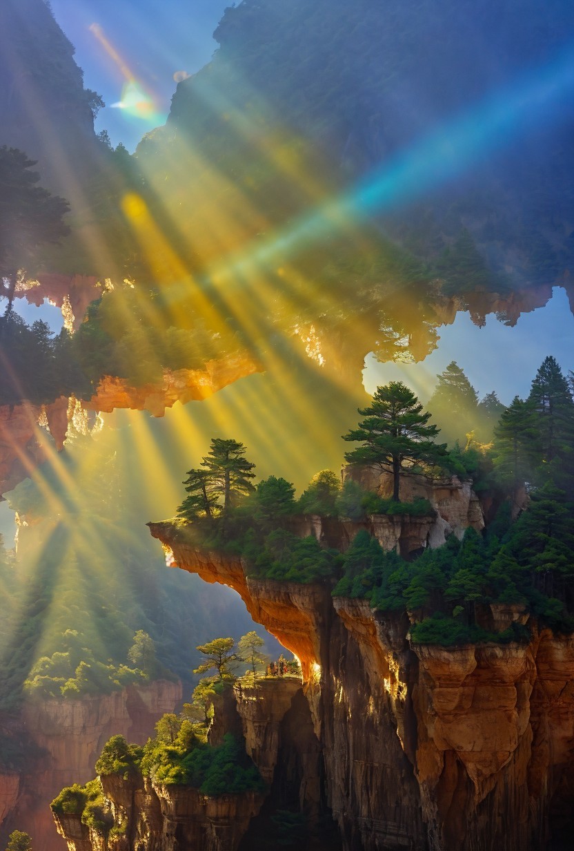 Towering Cliffs with Lush Trees and Sunlight Rays