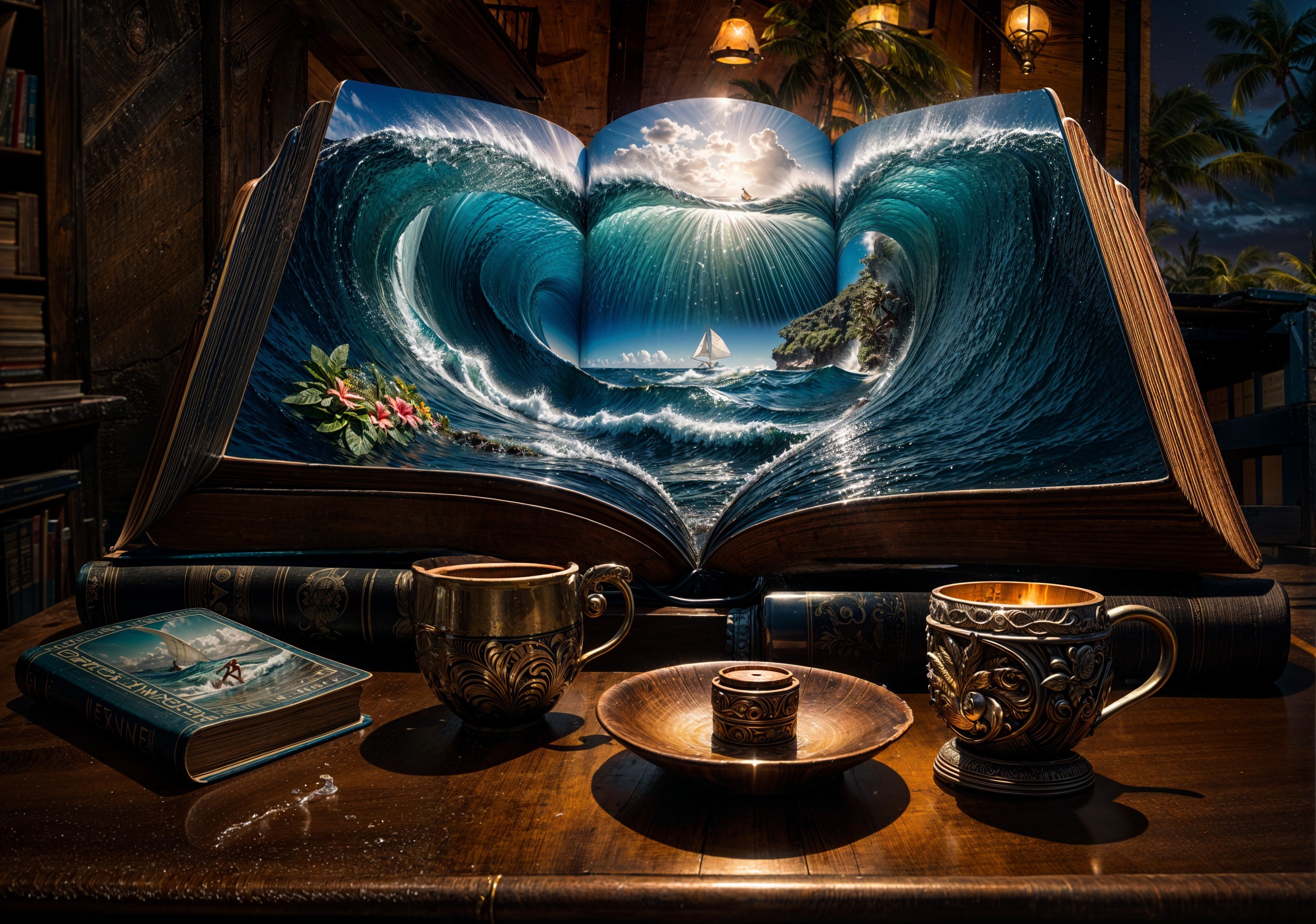 Open Book with Ocean Waves and Sailboat Scene