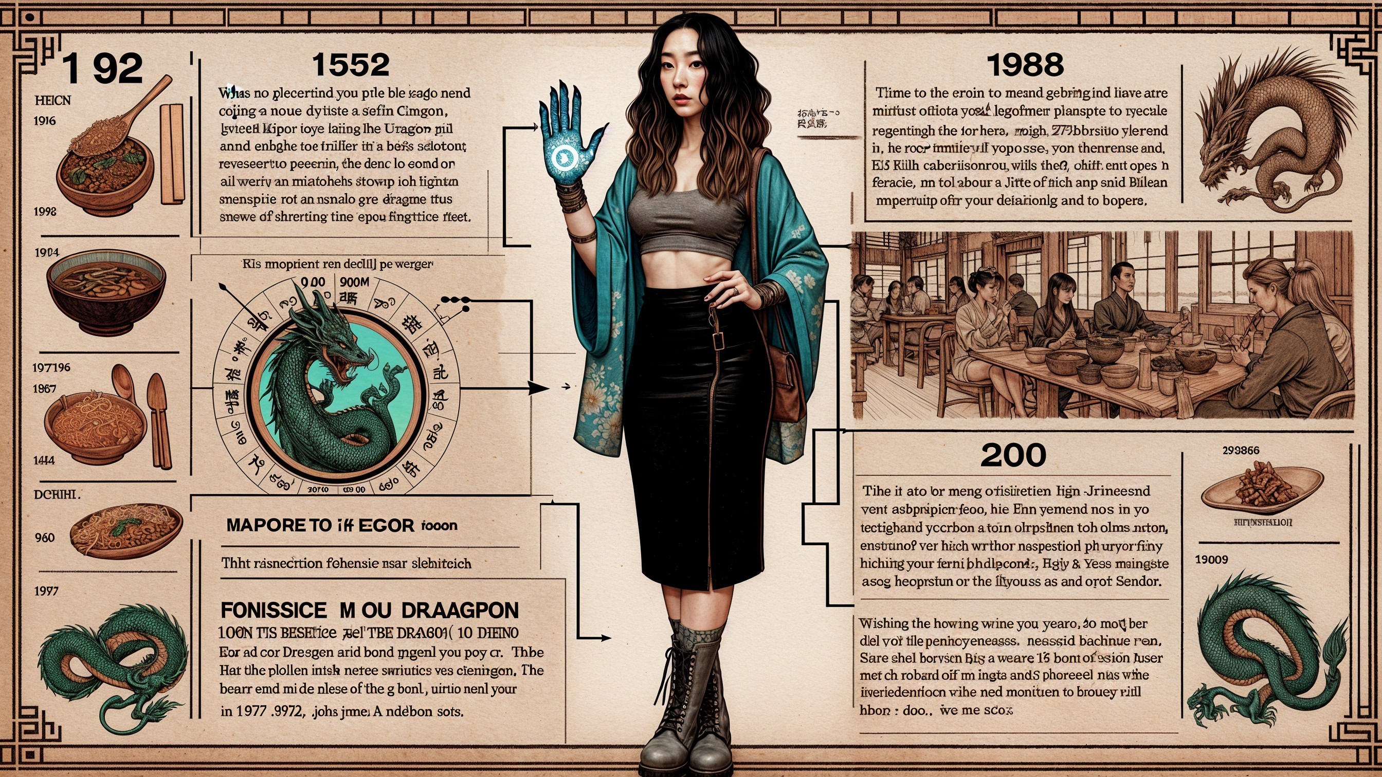 Stylish Woman with Dragon and Culinary Heritage Elements