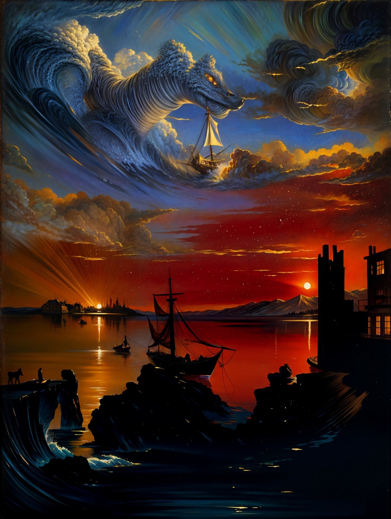 Majestic dragon over sunset sea with sailboat and village