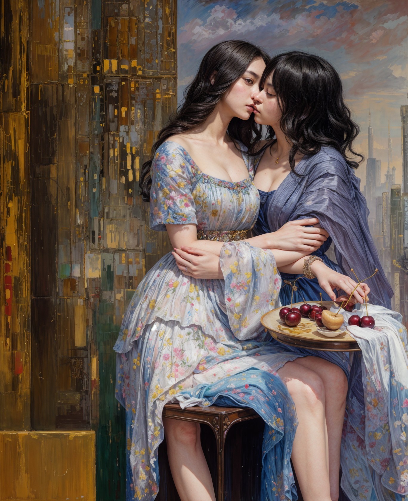 Two Women Embracing in Dreamlike Cityscape Setting