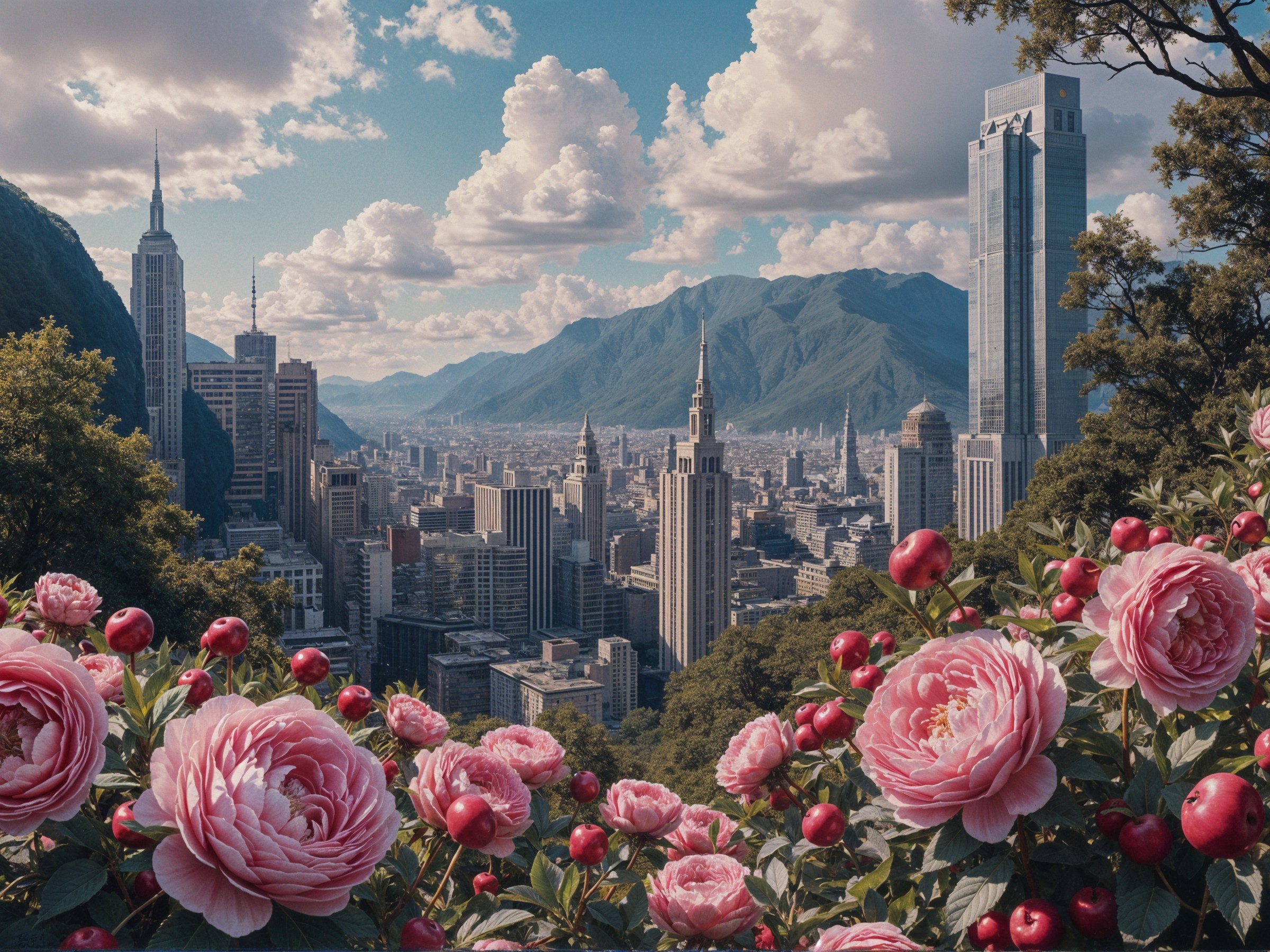 Cityscape with Skyscrapers, Mountains, and Peonies
