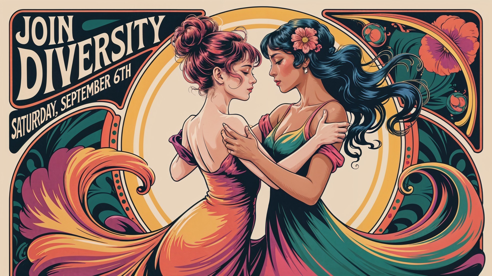 Women Embracing with Floral Motifs and Vivid Colors
