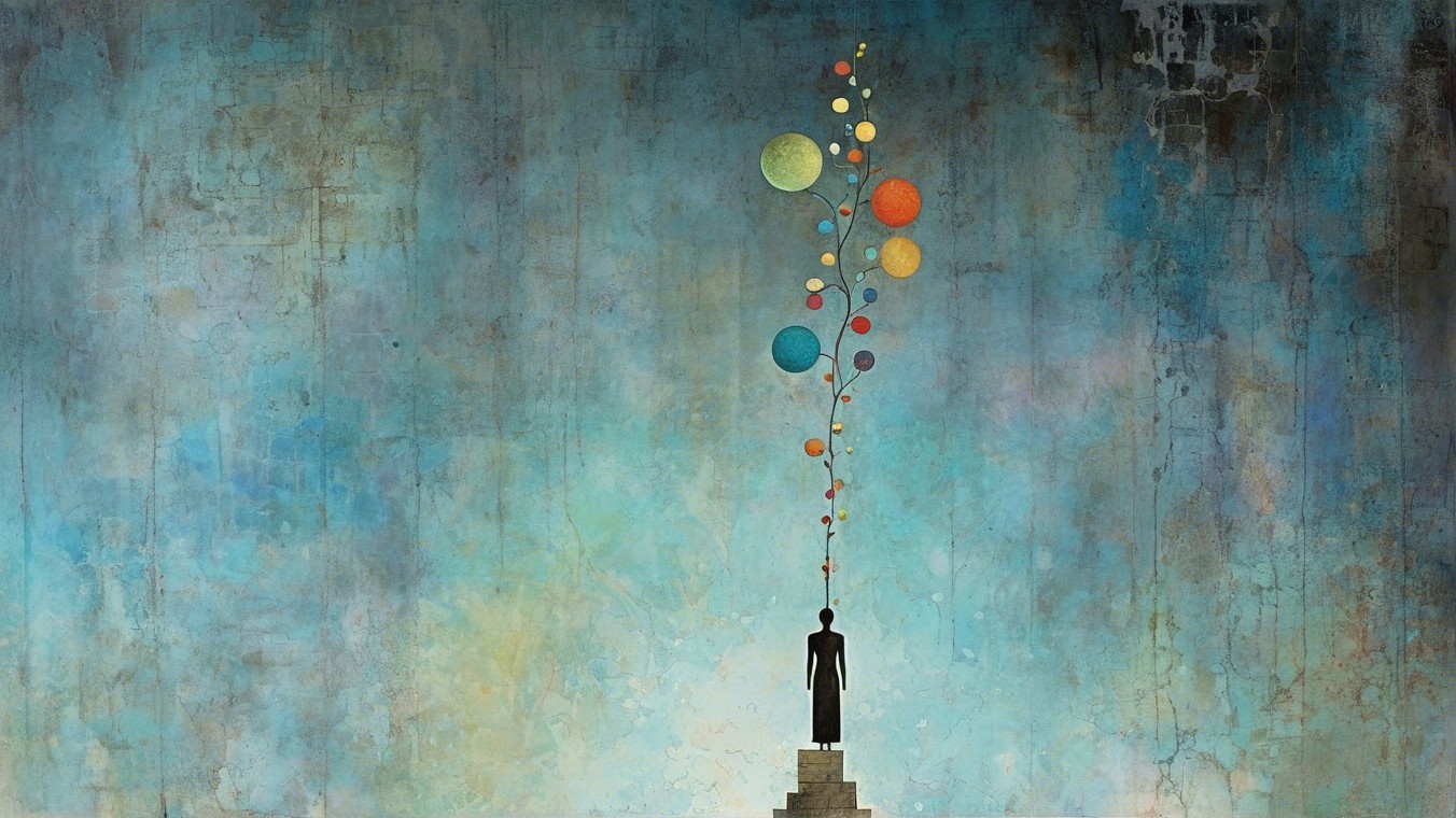 Solitary Figure with Colorful Circles on Blue Background