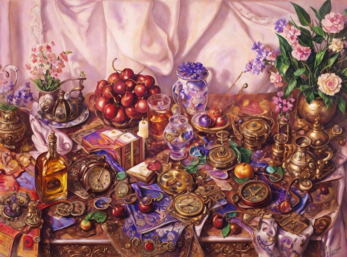 Vibrant Still Life of Antique Items and Fresh Fruits