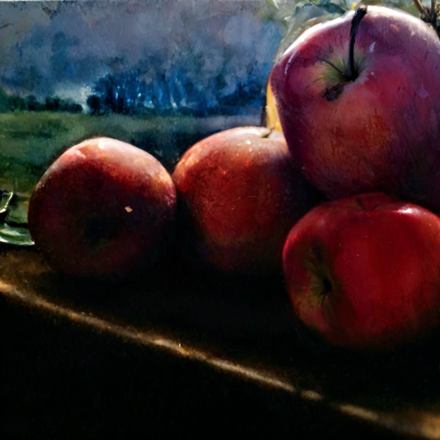 Close-up of Red Apples on Wooden Surface with Light