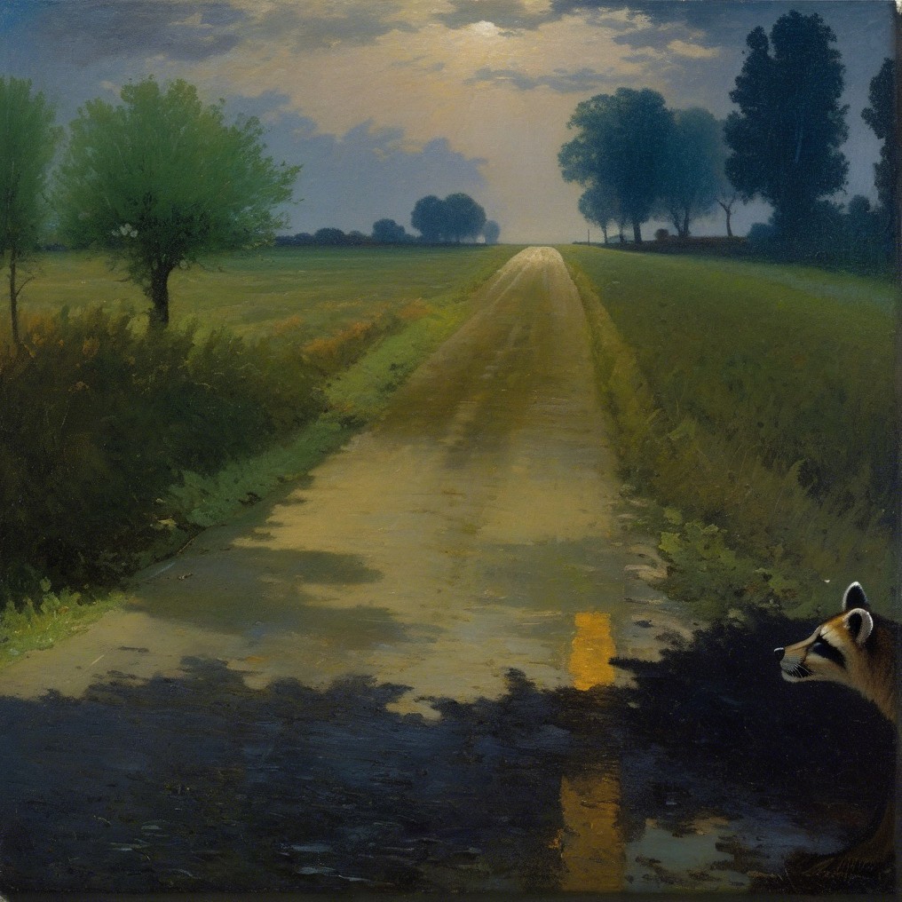 Serene landscape with winding road and moonlit sky