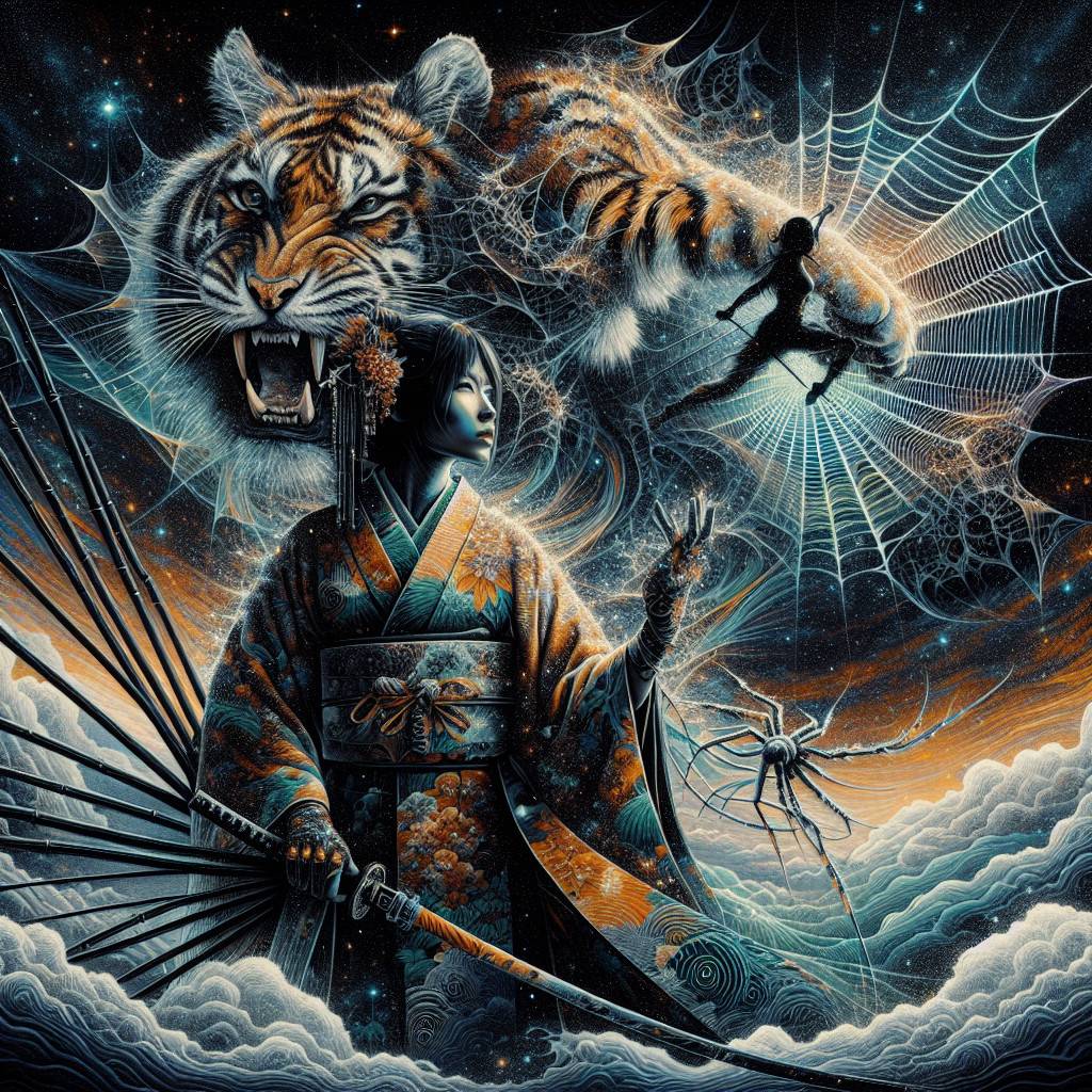 Kimono-Clad Figure with Tiger in Mystical Setting