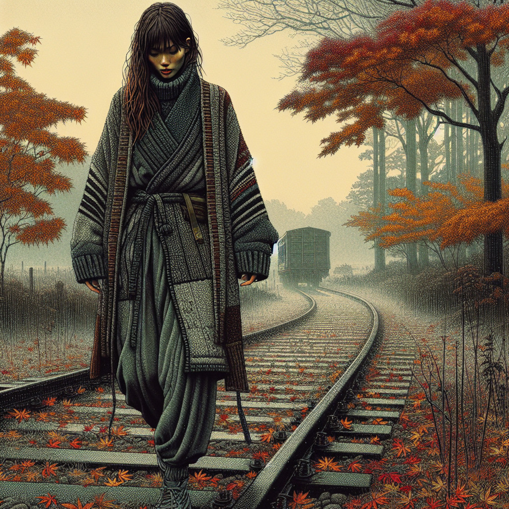 Autumn Landscape with Figure on Old Train Track