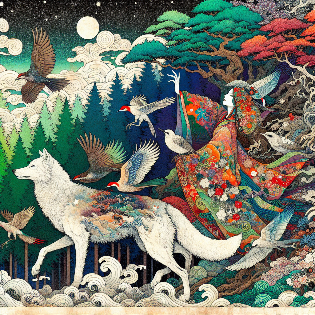 Mystical Scene with Woman in Kimono and Wolf