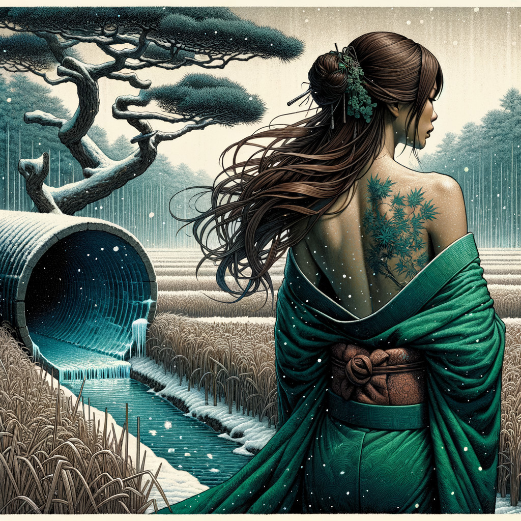 Woman in Green Kimono by Tranquil Stream and Rice Fields