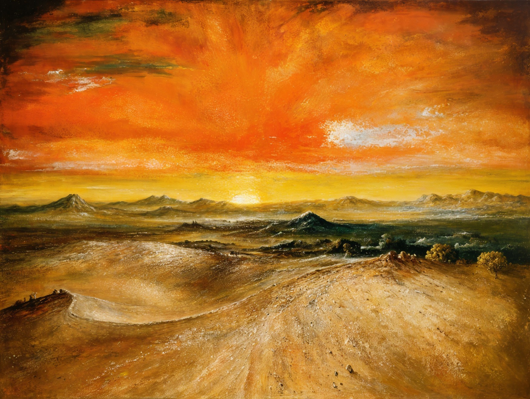 Dramatic Sunset Over Rolling Hills and Mountains