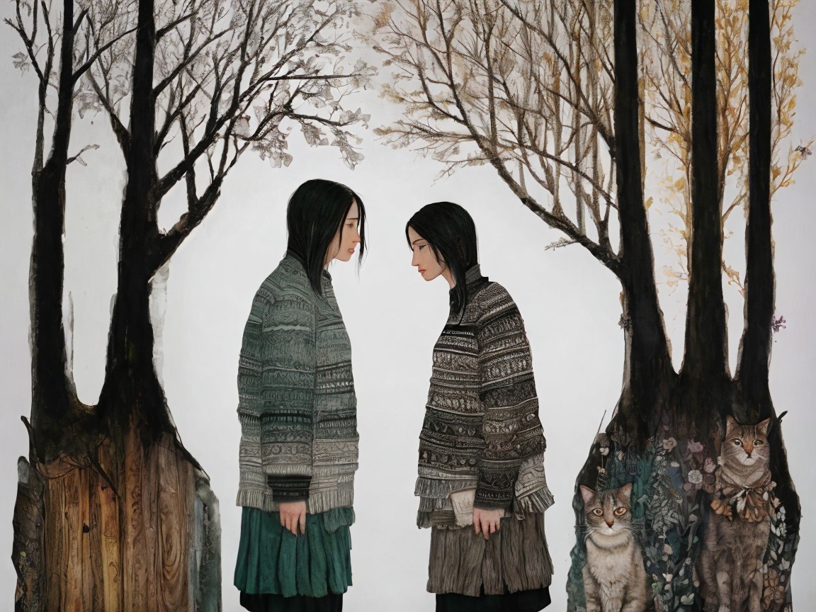 Surreal Landscape with Identical Figures and Nature Elements