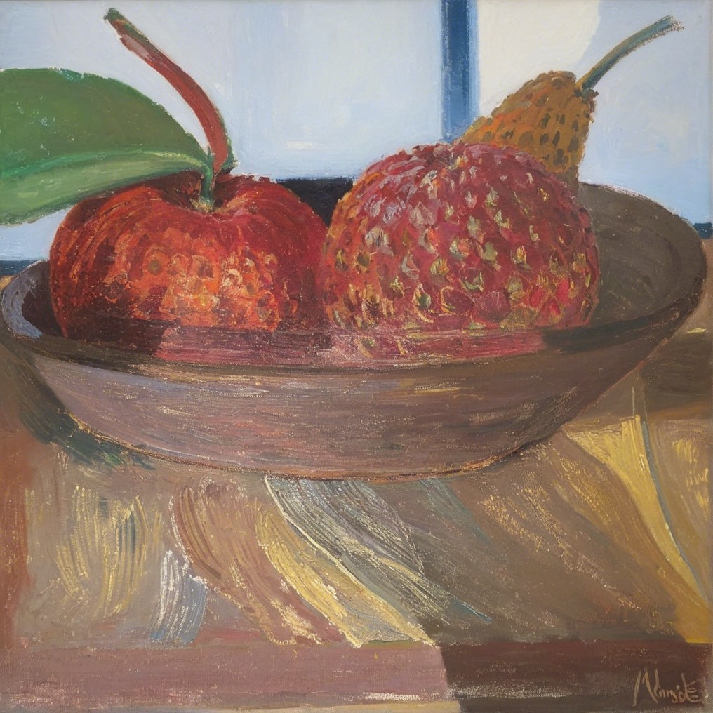 Wooden Bowl with Red Apples and Yellowish Fruit