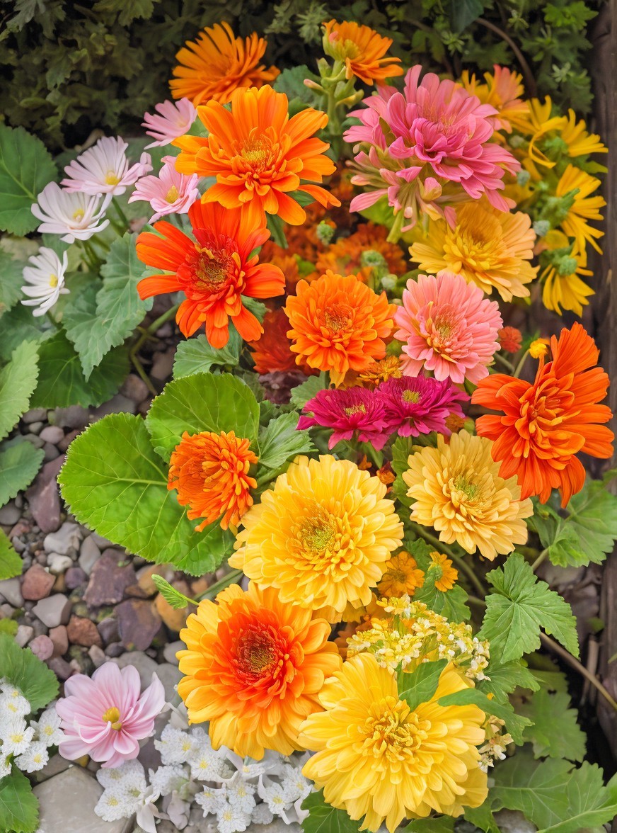 Vibrant Bouquet of Colorful Flowers with Green Leaves