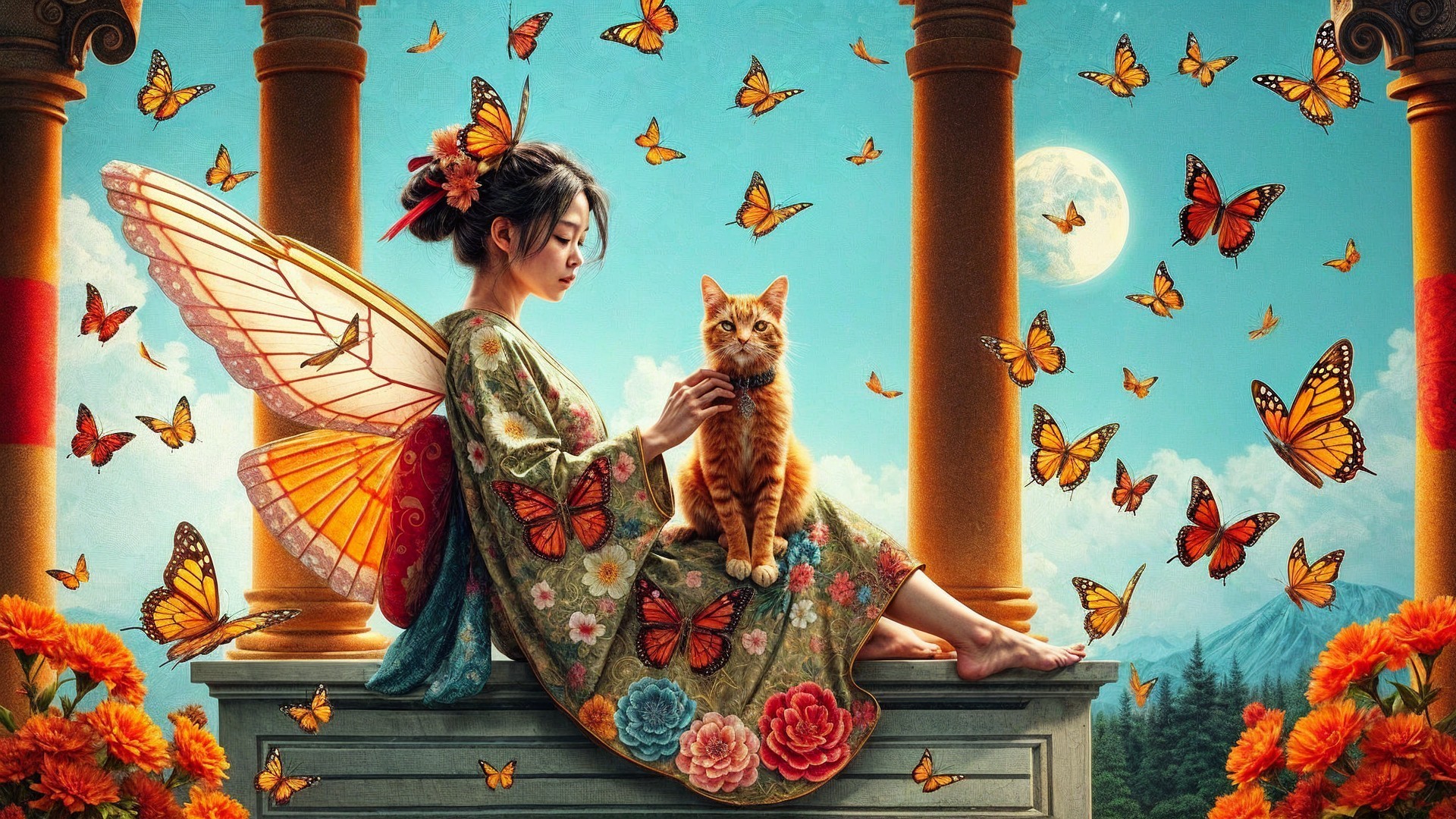 Serene Scene of Woman with Butterfly Wings and Cat