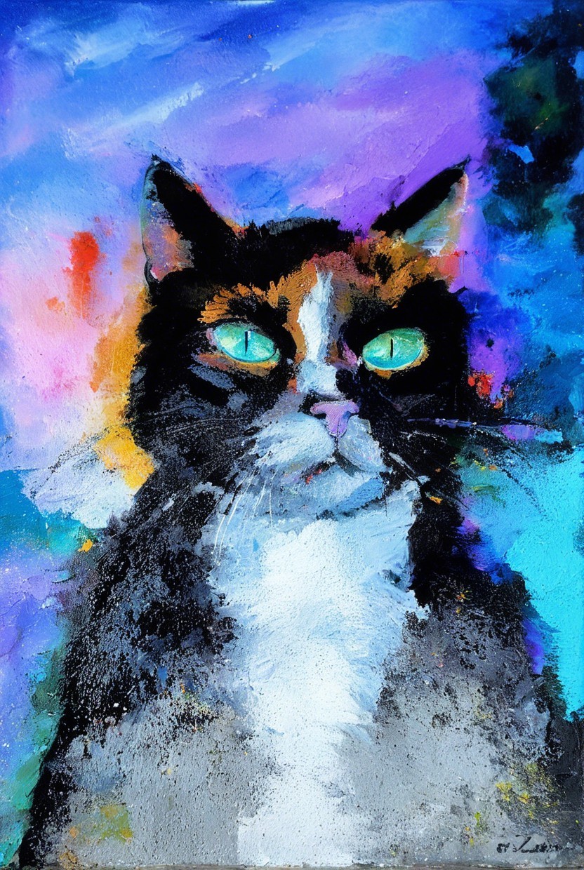 Vibrant Cat Painting with Turquoise Eyes and Abstract Background