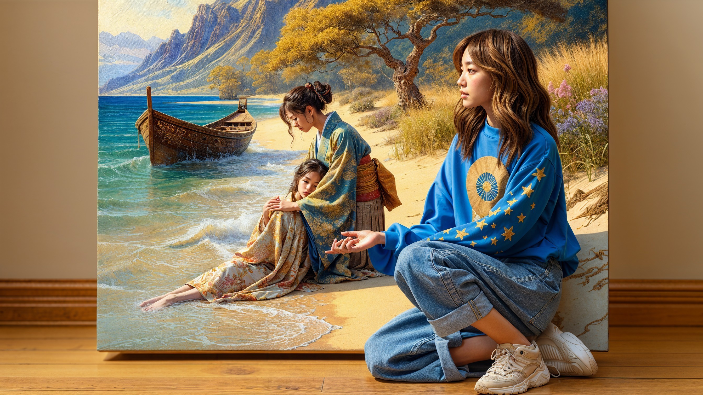 Vibrant Beach Scene with Women and Child in Painting