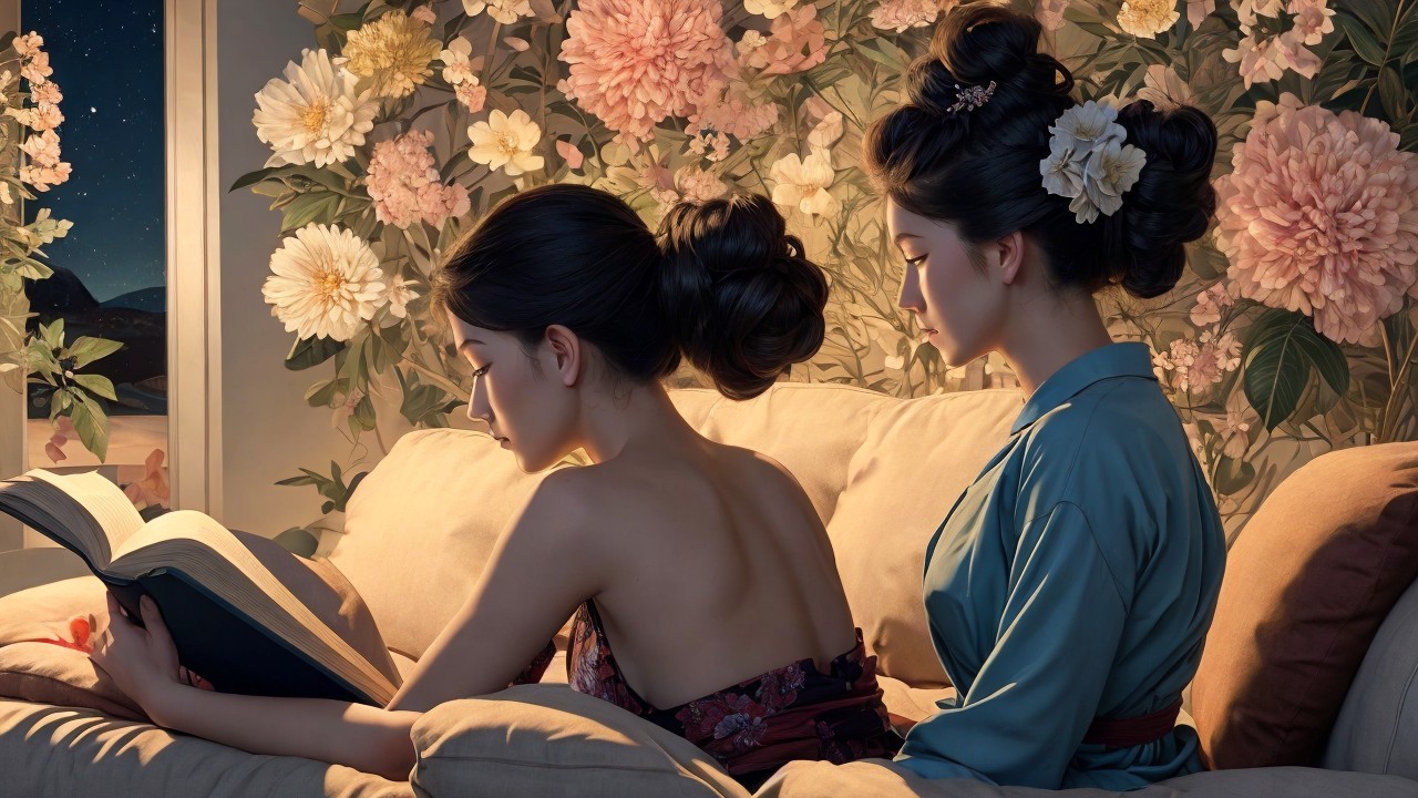 Women Reading on a Plush Couch Surrounded by Flowers