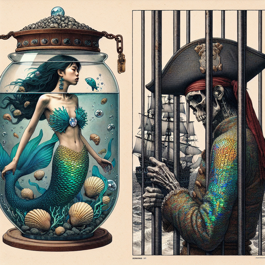Fantastical Scene of Mermaid and Skeletal Pirate