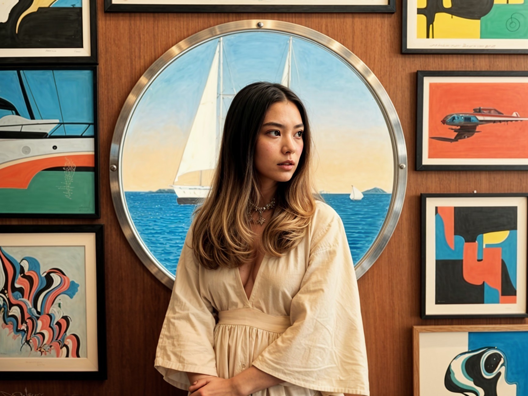 Young Woman in Cream Garment by Nautical Painting