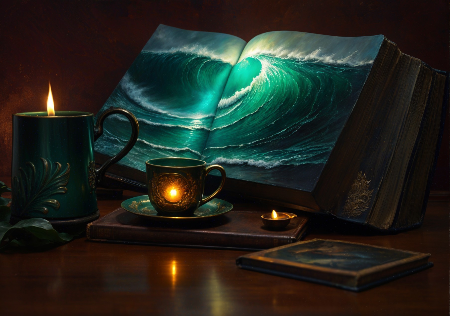 Vibrant Wave Painting in Cozy Reading Setting