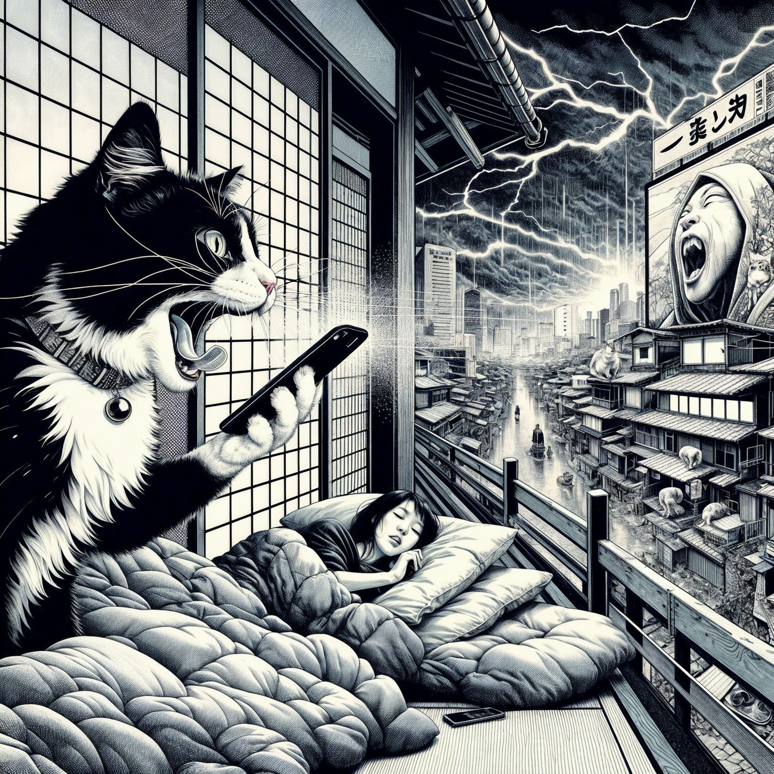 Giant Cat on Balcony Overlooks Stormy Cityscape