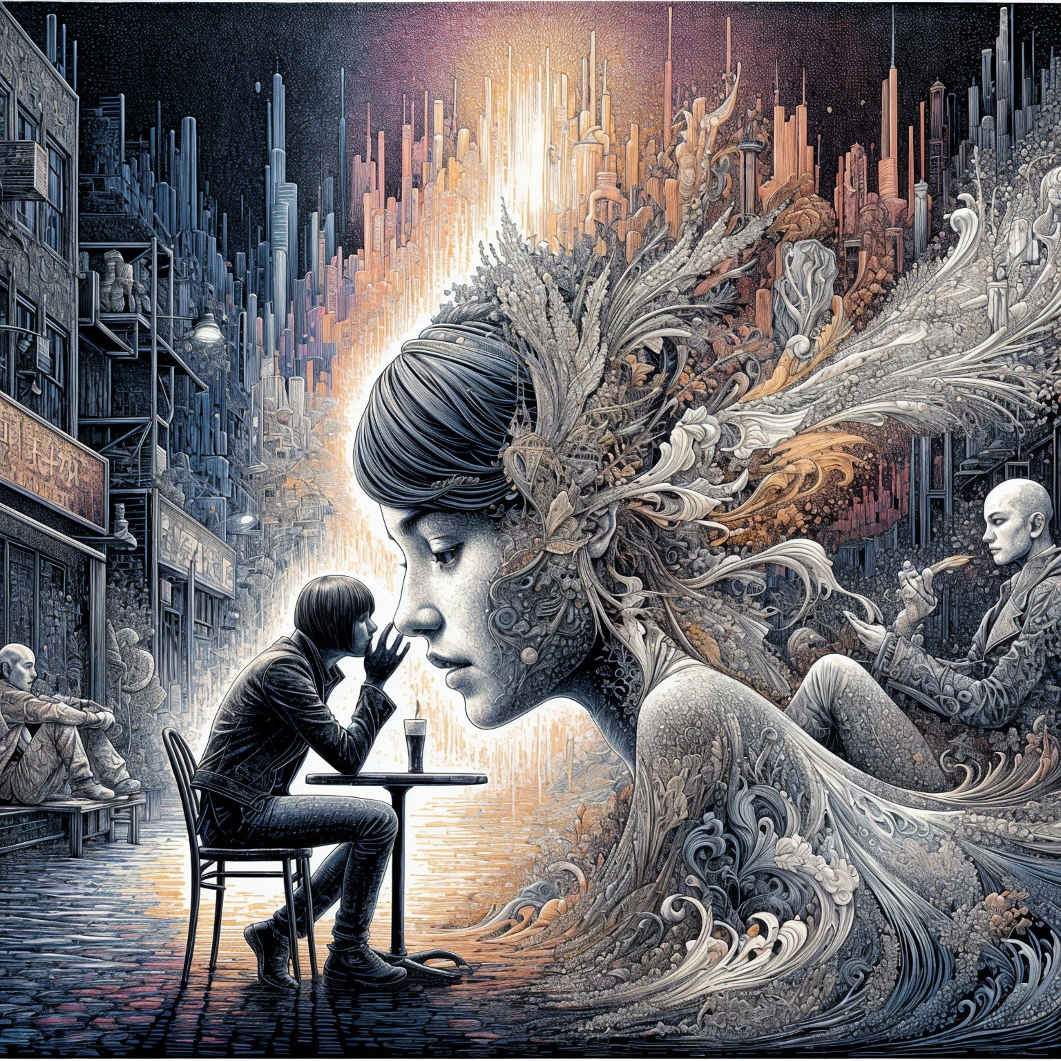 Surreal Urban Scene with Contemplative Figure and Musician