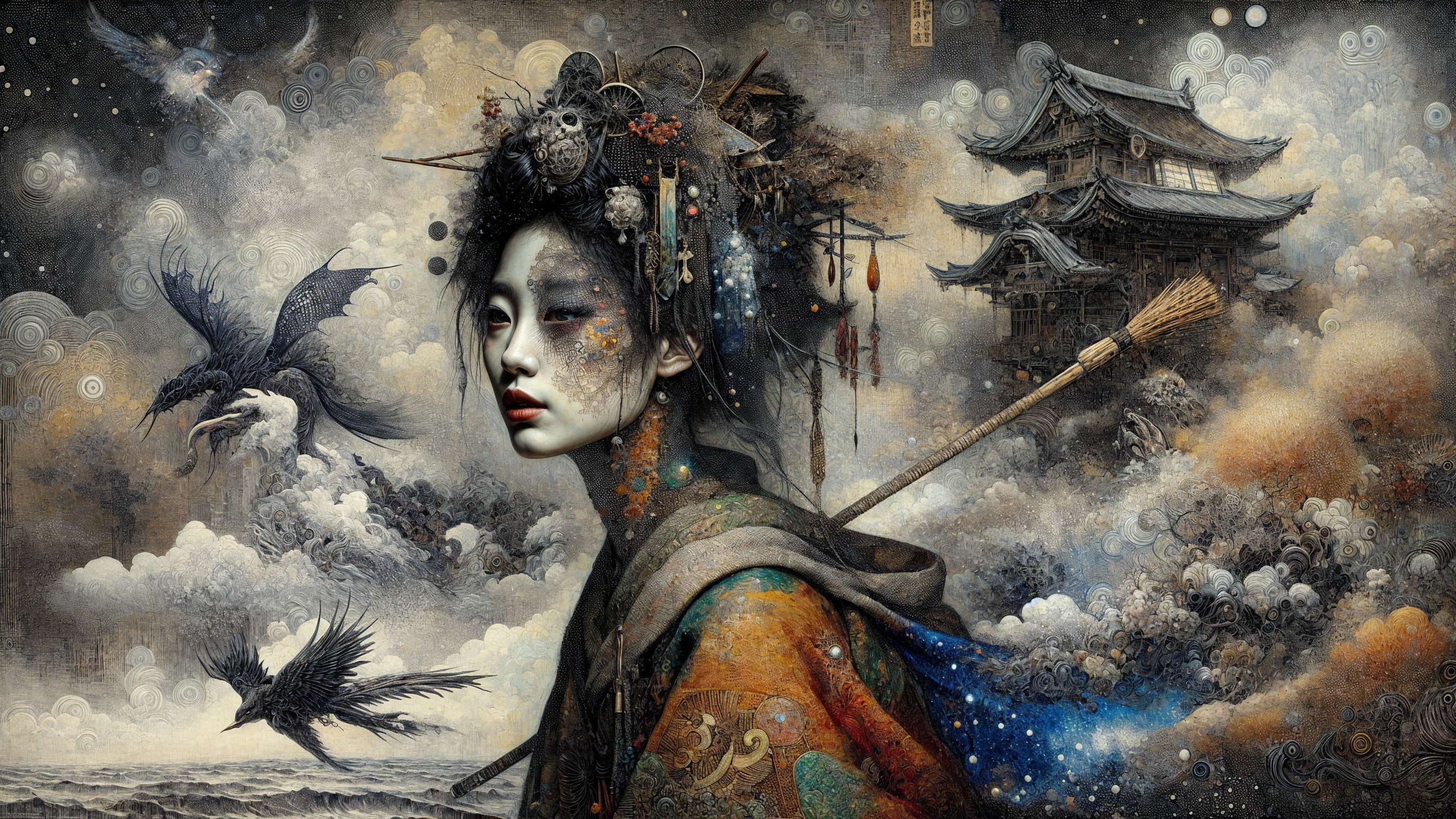 Mystical Female Figure in Ornate Robes Against Clouds