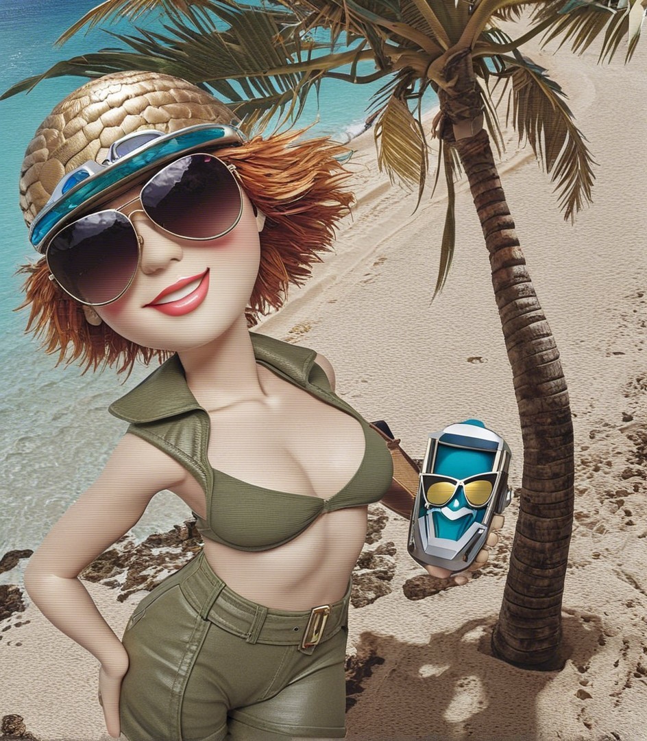 Stylized character with red hair on sandy beach