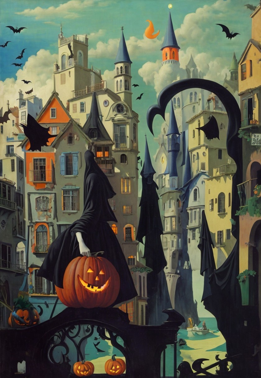 Whimsical Halloween Scene with Cloaked Figure and Pumpkins