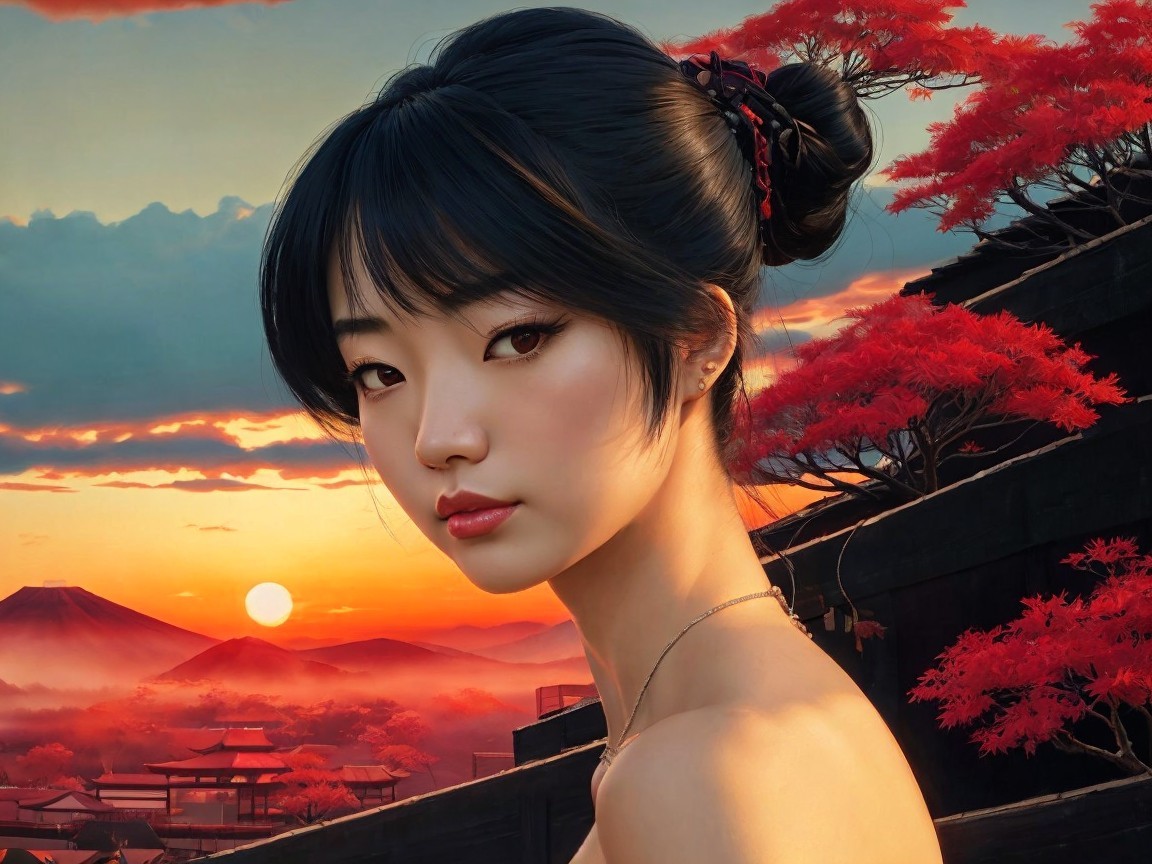 Young Woman Against Sunset with Autumn Leaves