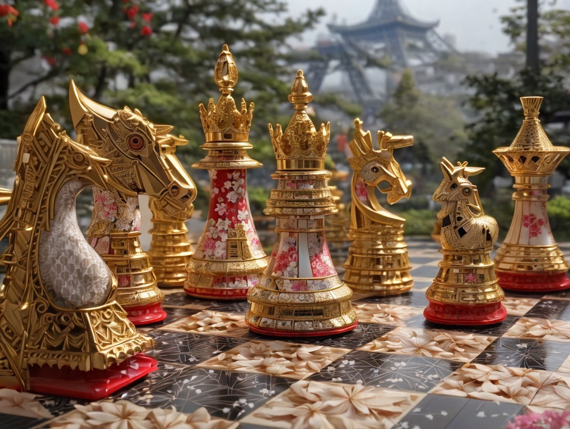 Intricately Designed Gold and Red Chess Set