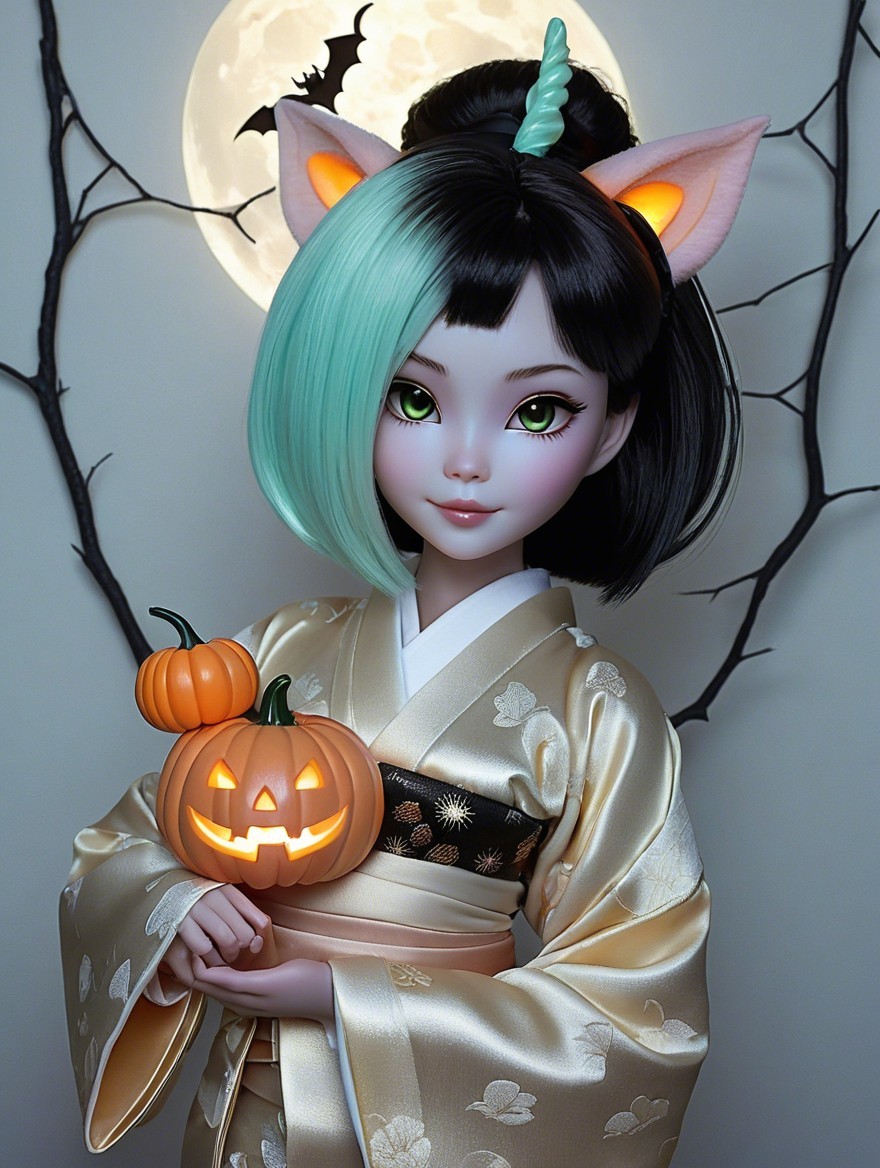 Doll with Two-Tone Hair in Halloween Kimono Setting