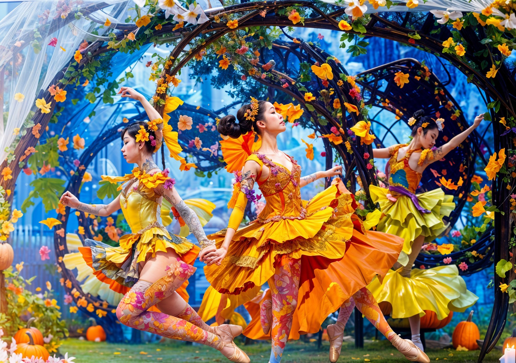 Dancers in Colorful Costumes Amidst Autumn Decor