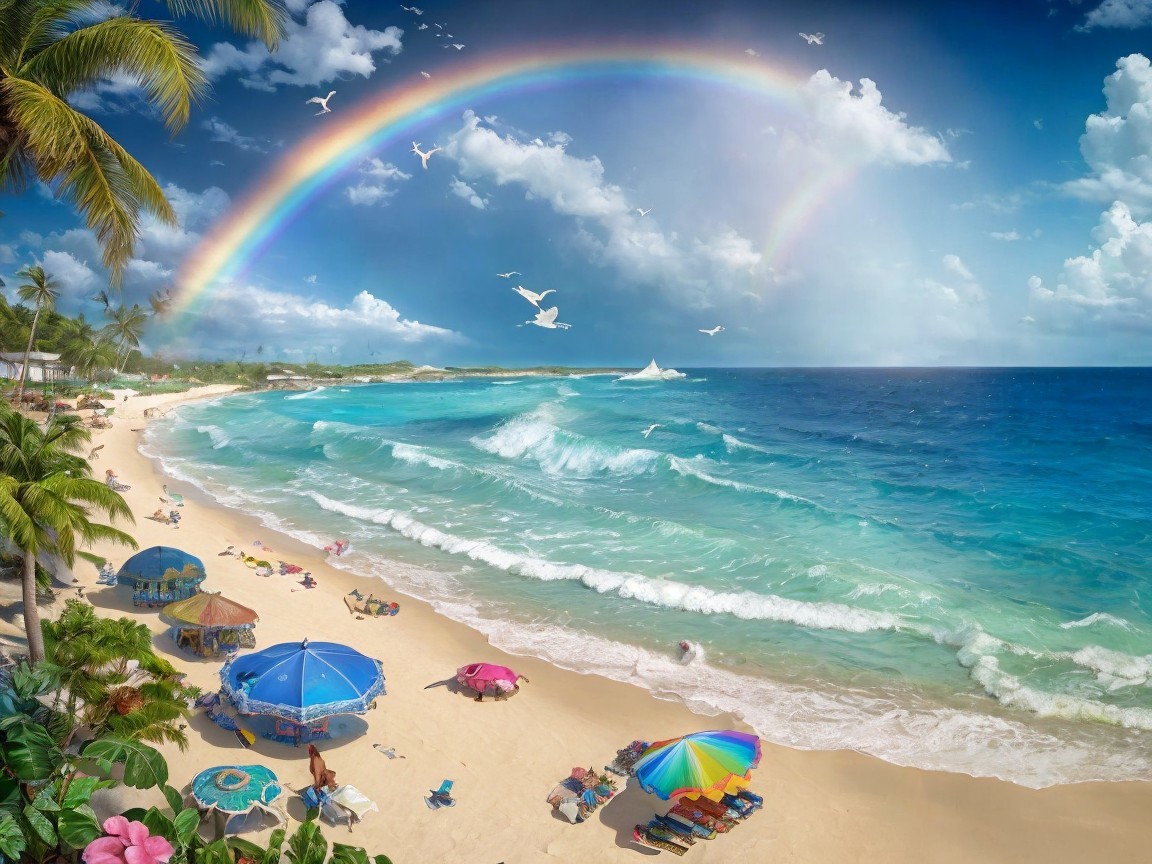Picturesque Beach Scene with Rainbow and Umbrellas