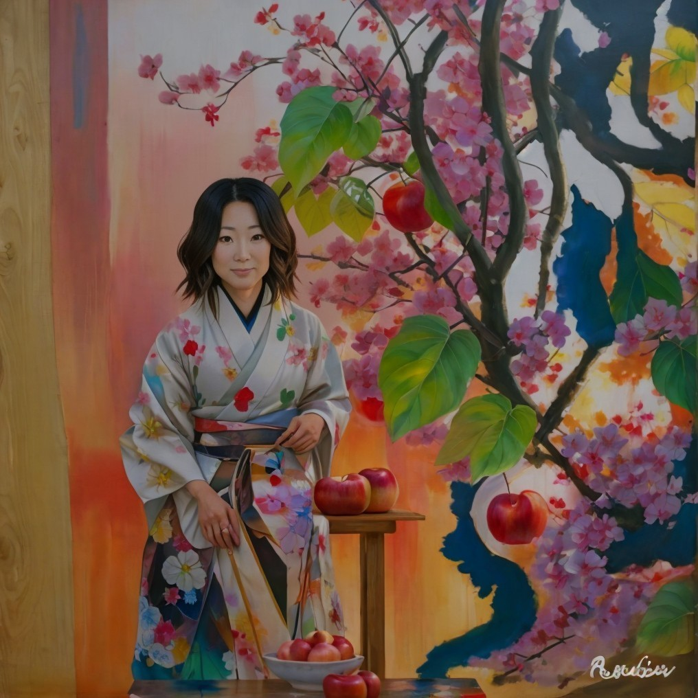 Woman in floral kimono beside table with apples