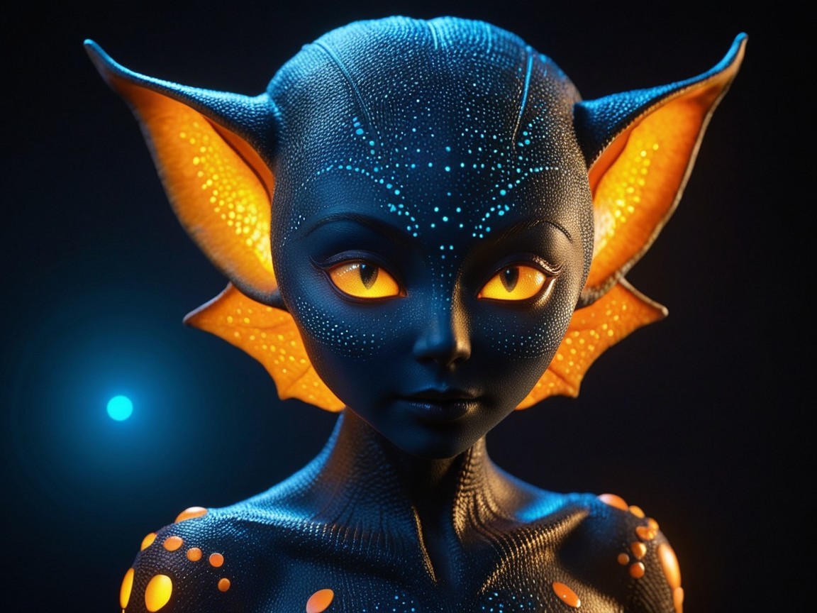 Otherworldly character with dark blue skin and orange spots