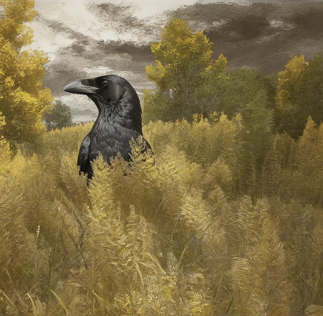 Raven in Grassy Field Under Dark Stormy Sky