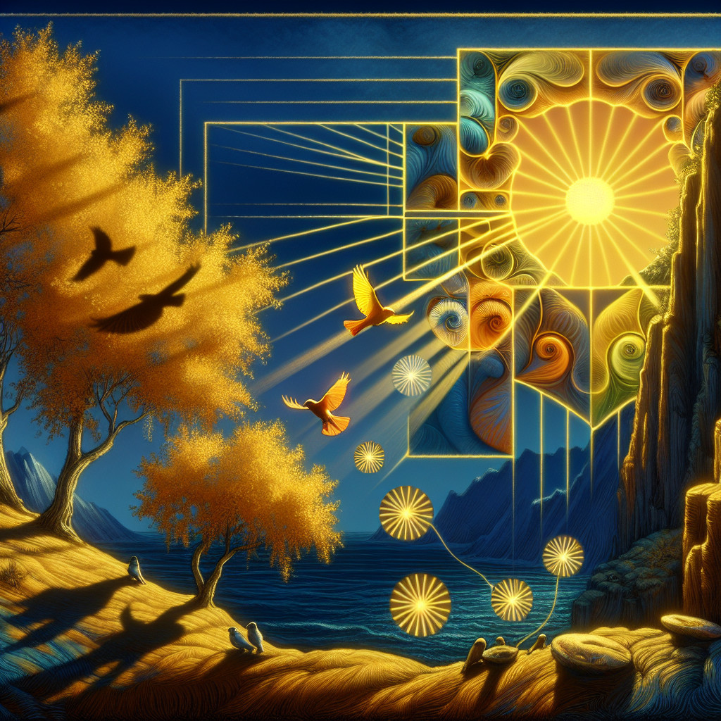 Vibrant Sunset Landscape with Geometric Patterns