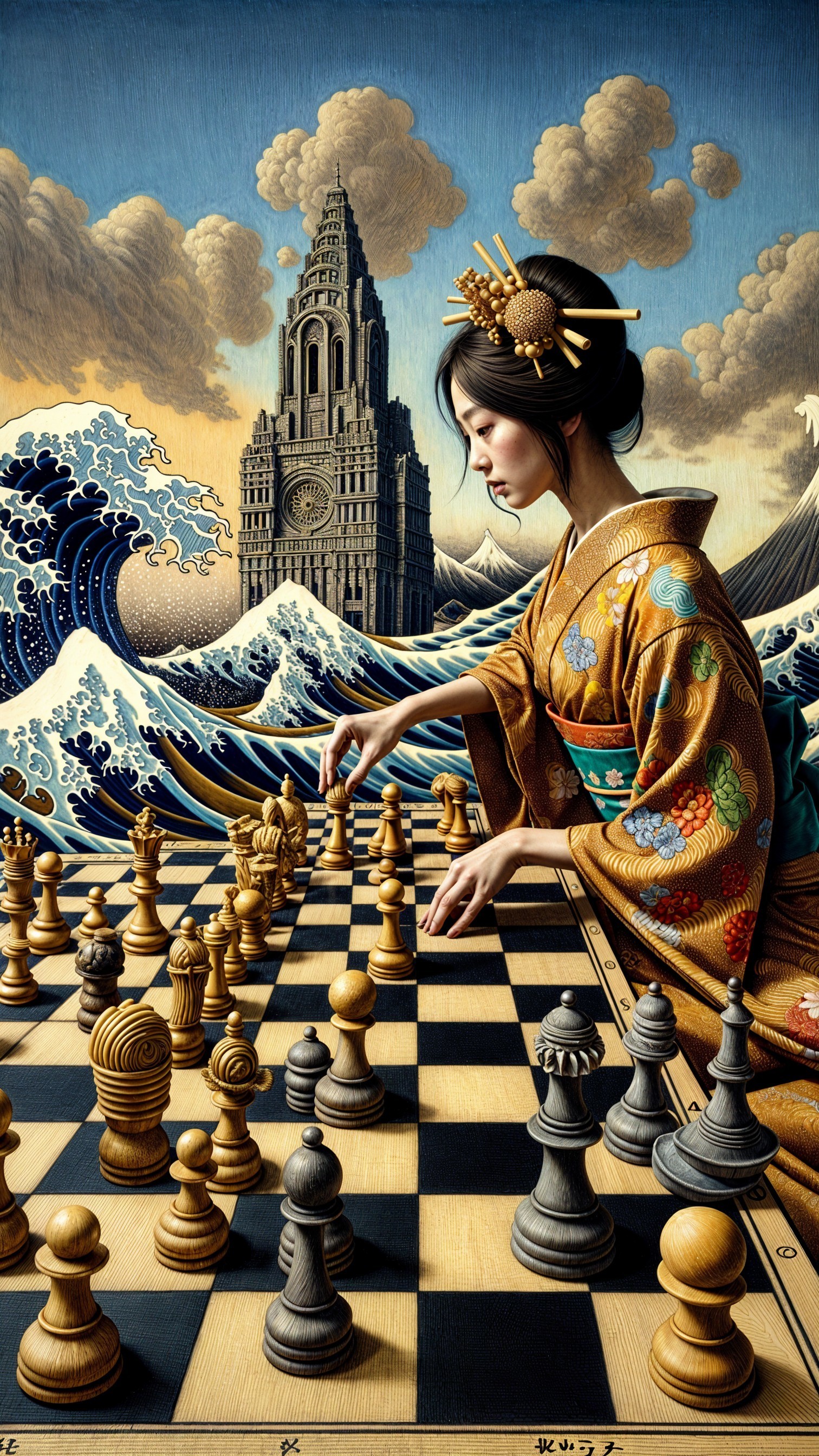Woman in Colorful Kimono Playing Chess with Waves