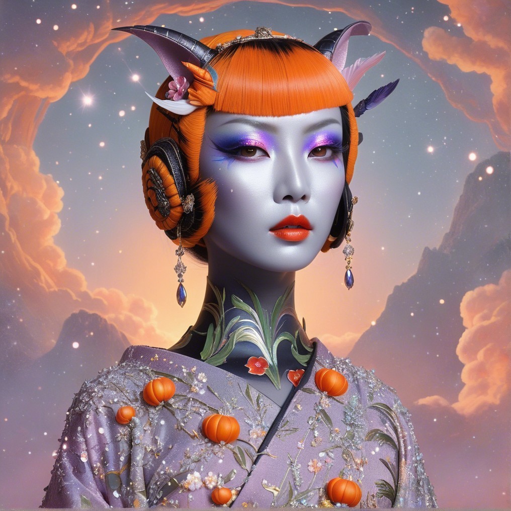 Vividly Colored Figure in Ornate Kimono and Headdress