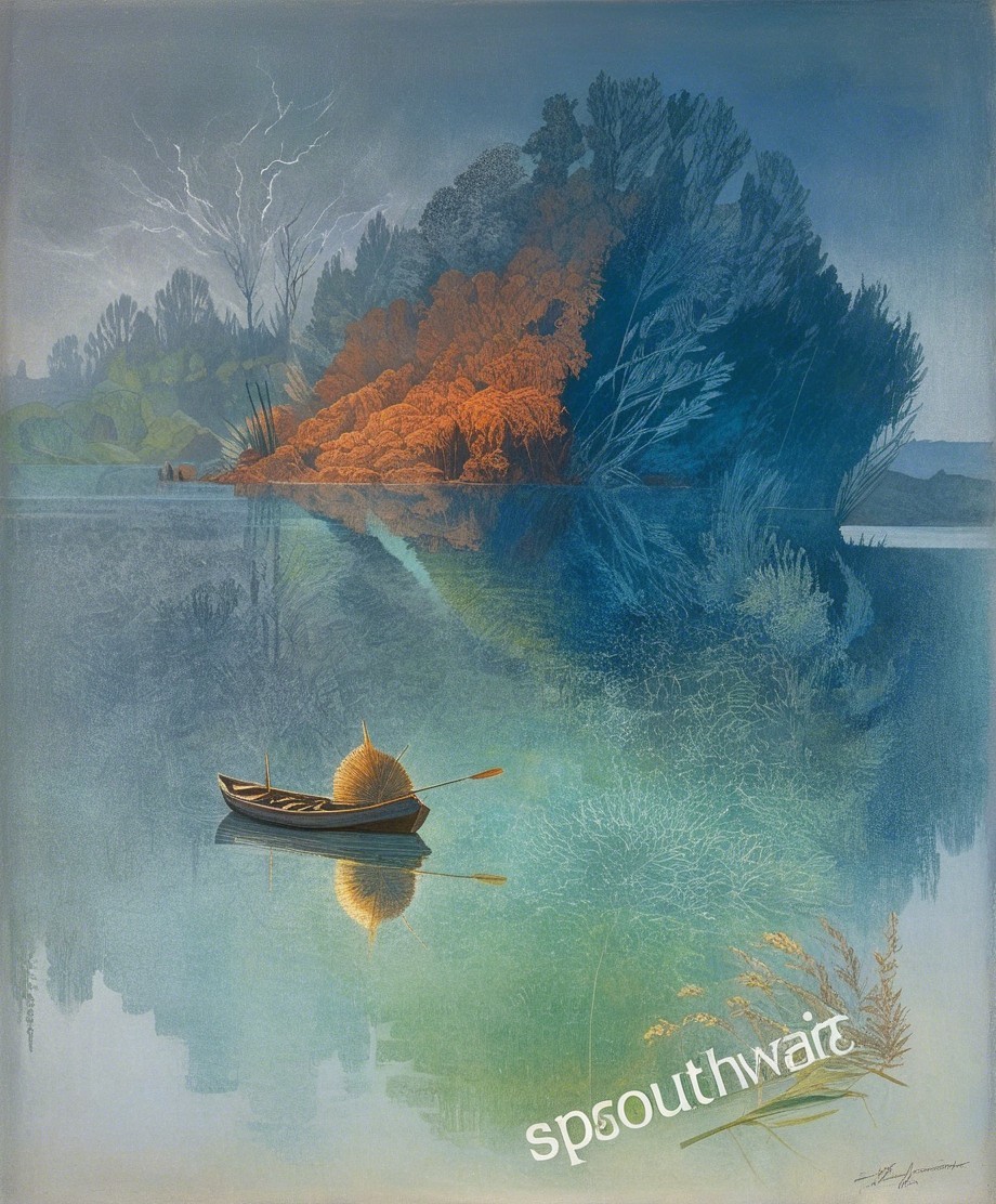 Tranquil Lake Scene with Trees and Wooden Boat
