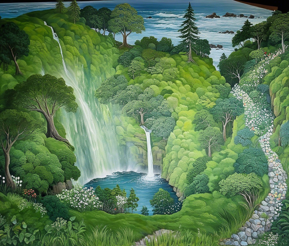 Vibrant Painting of Lush Green Landscape and Waterfalls