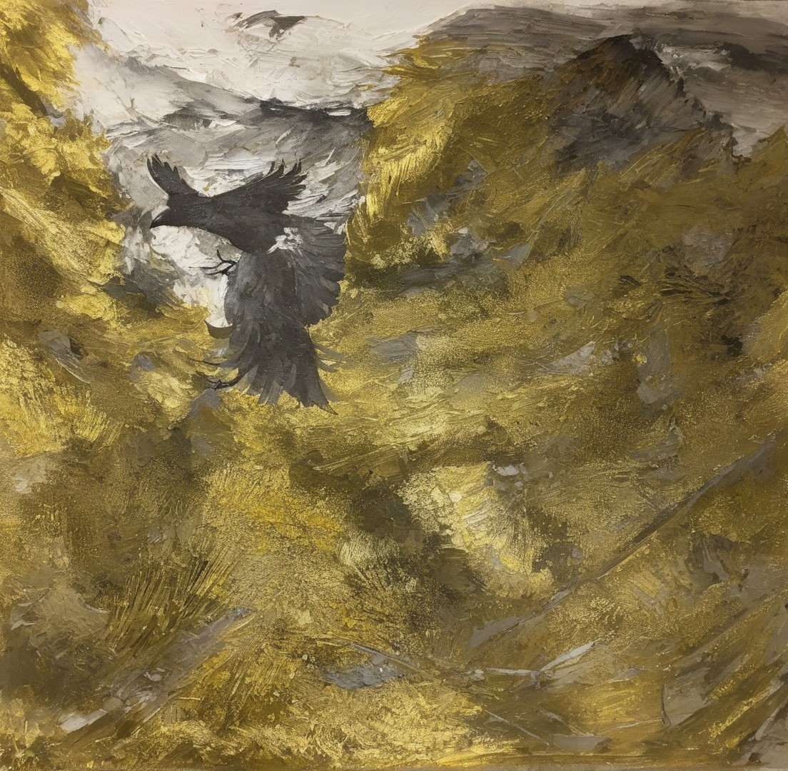 Abstract Acrylic Painting of a Black Crow on Yellow Background