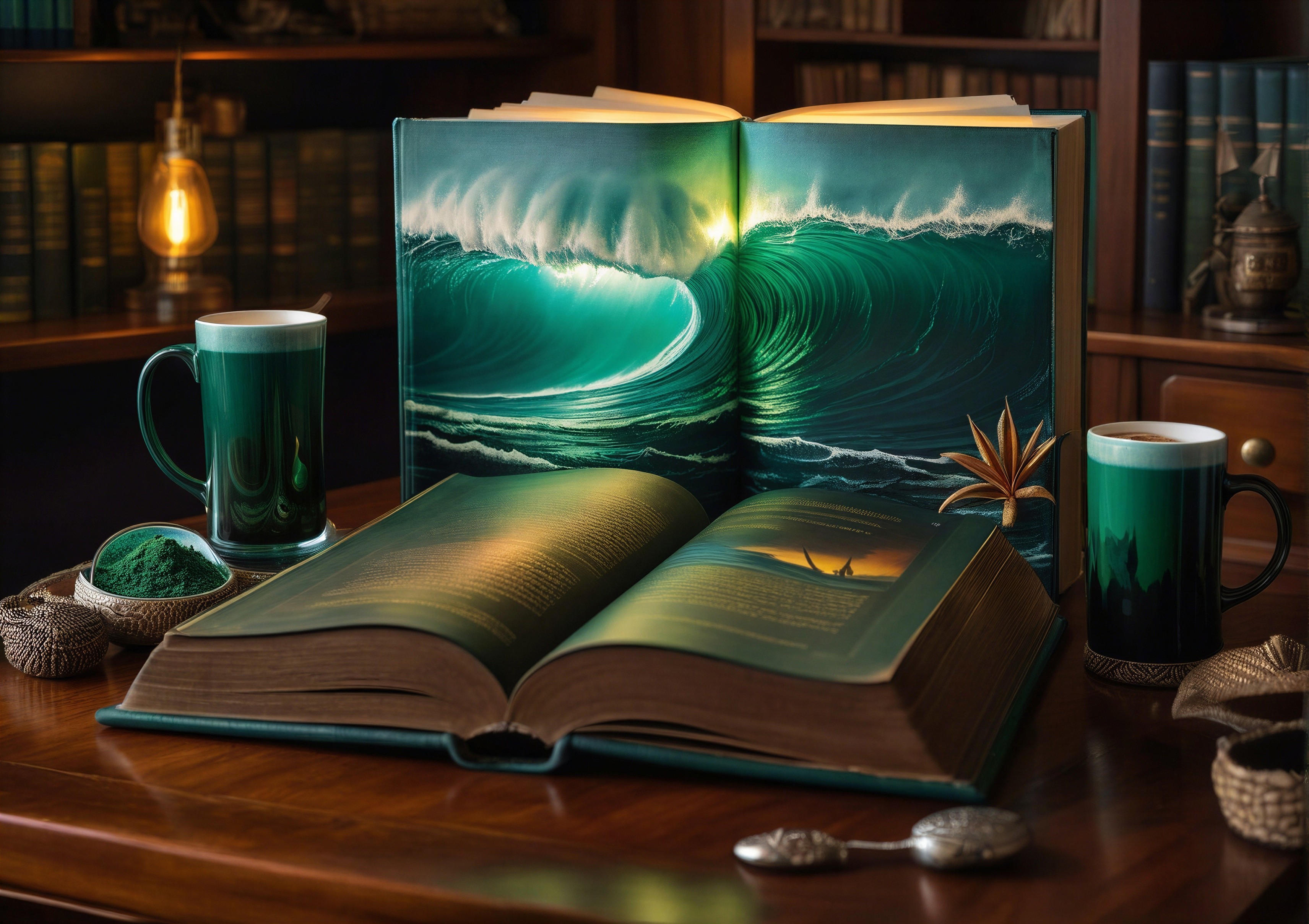 Illustrated Book on Table with Cozy Library Setting