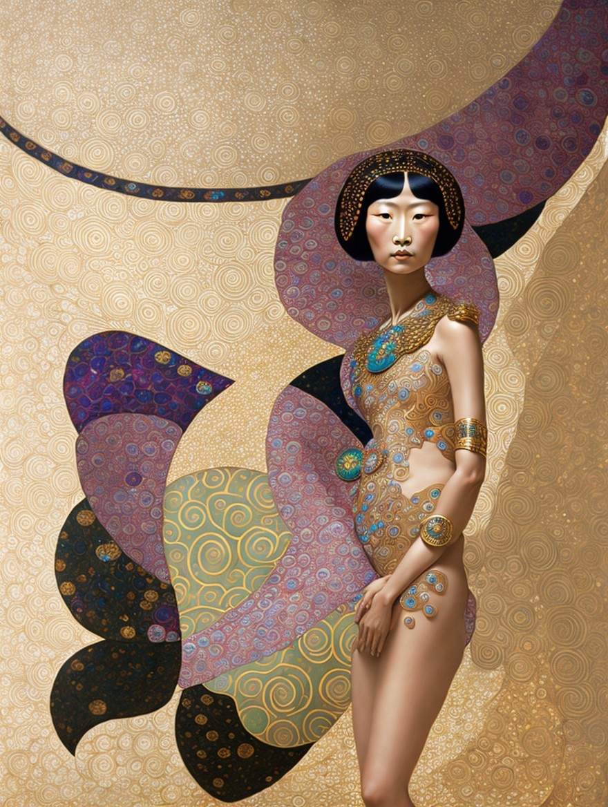Stylized Woman with Jewelry and Colorful Patterns